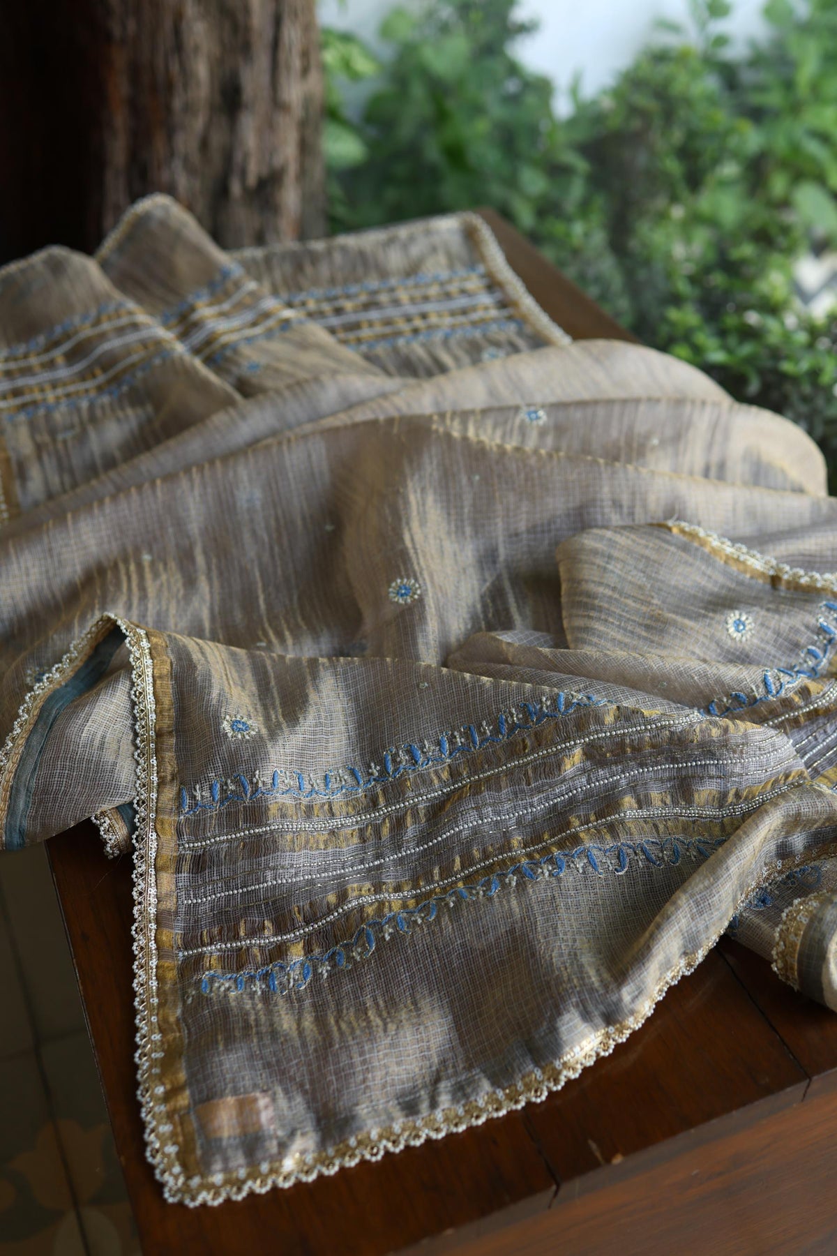 Cloudy Grey Shade Tissue Silk Kota Chikankari Unstitched Fabric