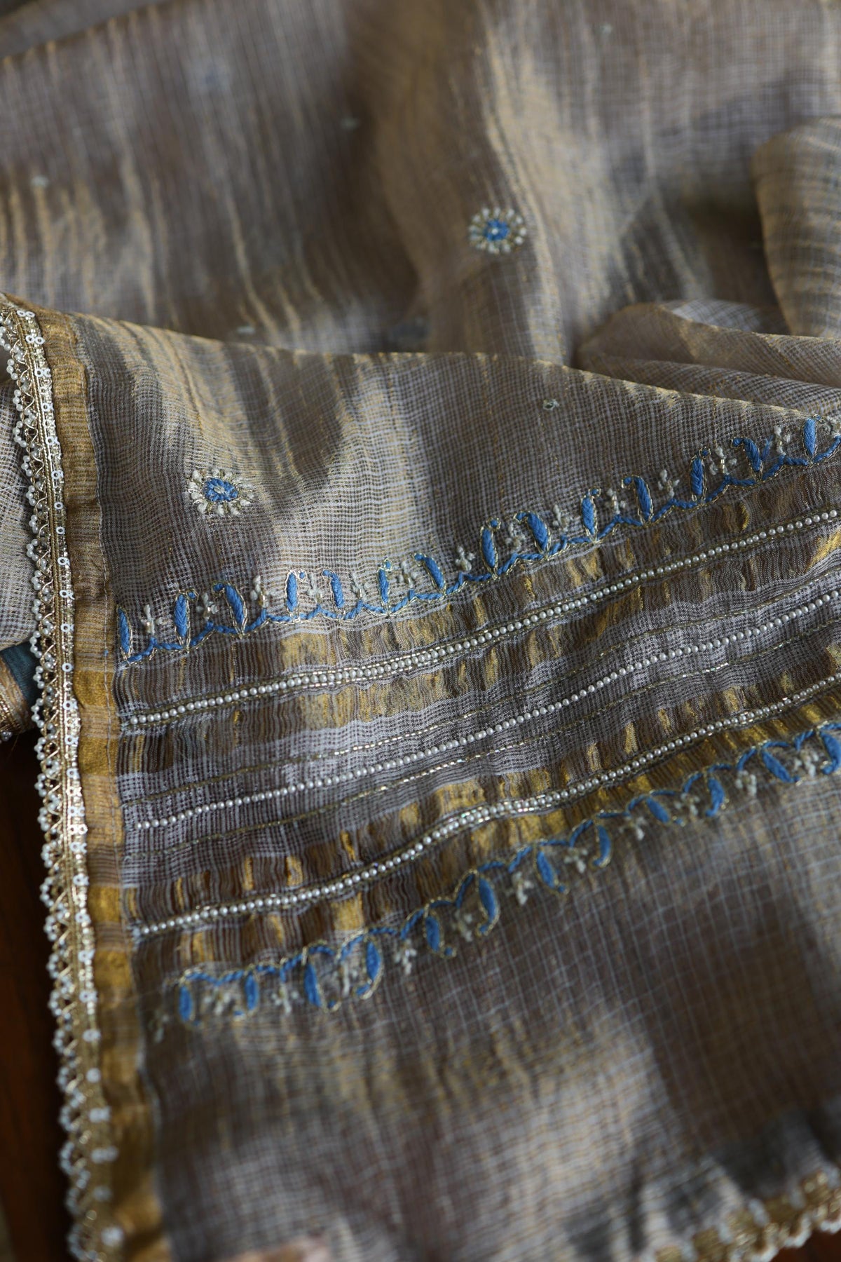 Cloudy Grey Shade Tissue Silk Kota Chikankari Unstitched Fabric