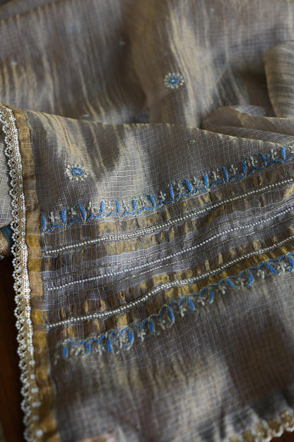 Cloudy Grey Shade Tissue Silk Kota Chikankari Unstitched Fabric