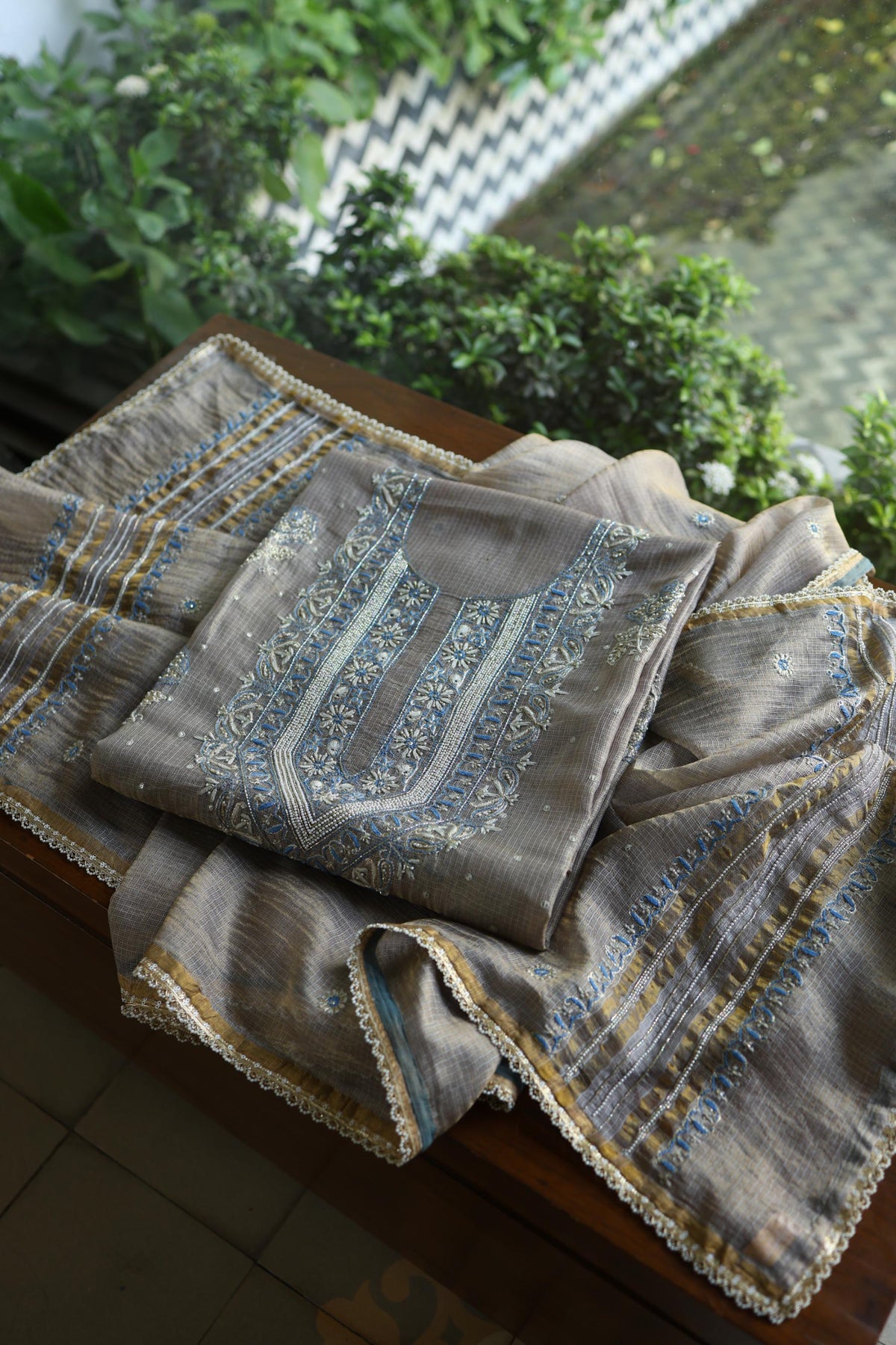 Cloudy Grey Shade Tissue Silk Kota Chikankari Unstitched Fabric
