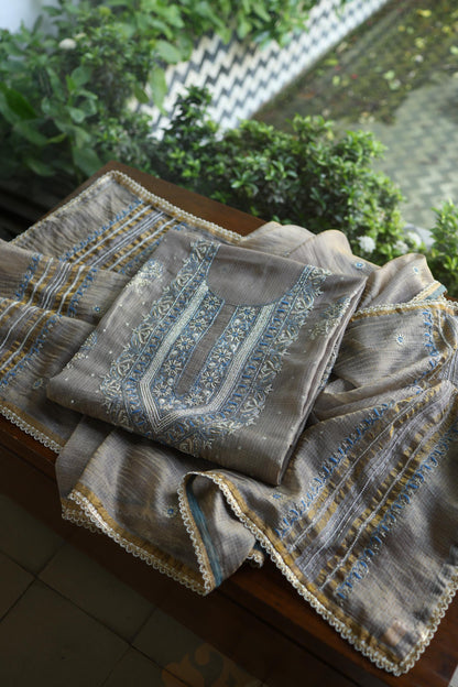 Cloudy Grey Shade Tissue Silk Kota Chikankari Unstitched Fabric