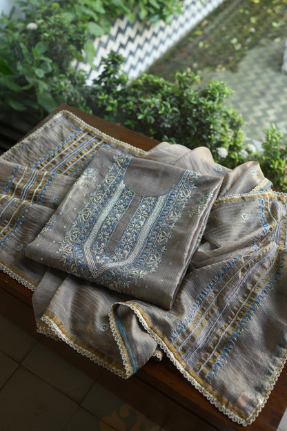 Cloudy Grey Shade Tissue Silk Kota Chikankari Unstitched Fabric