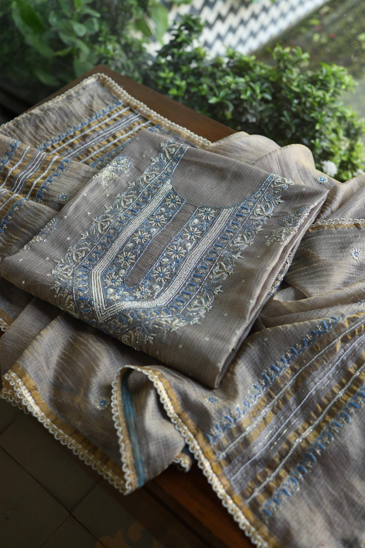 Cloudy Grey Shade Tissue Silk Kota Chikankari Unstitched Fabric