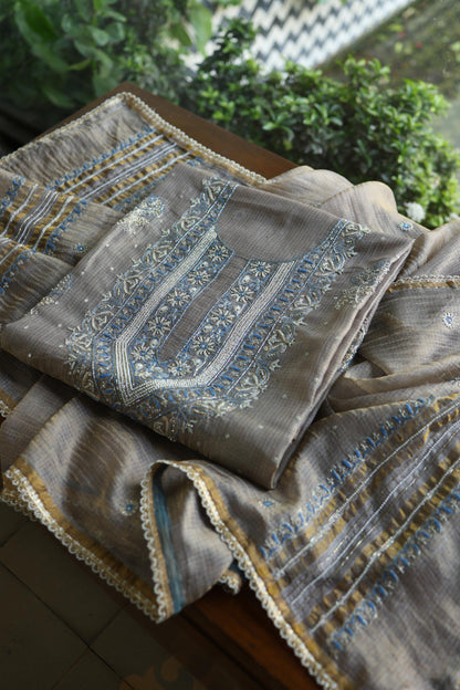 Cloudy Grey Shade Tissue Silk Kota Chikankari Unstitched Fabric