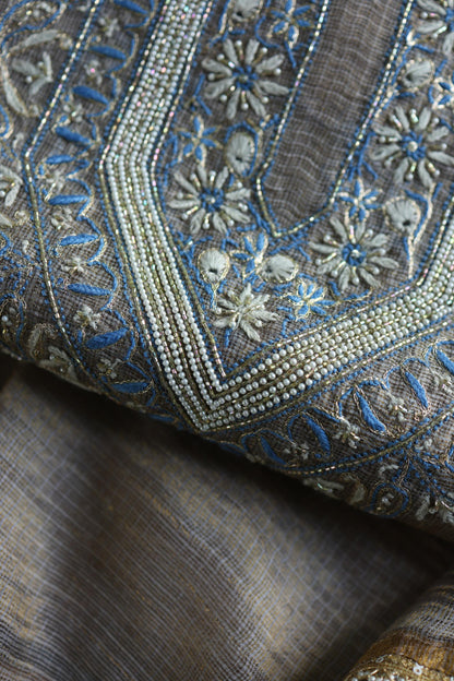 Cloudy Grey Shade Tissue Silk Kota Chikankari Unstitched Fabric