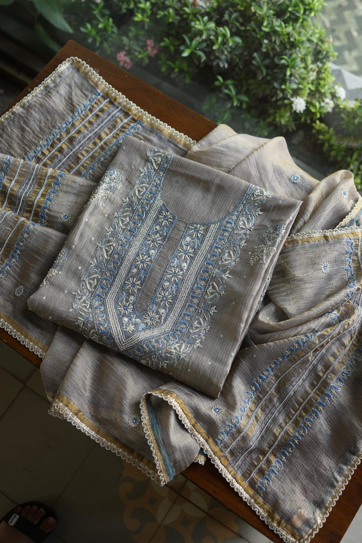 Cloudy Grey Shade Tissue Silk Kota Chikankari Unstitched Fabric