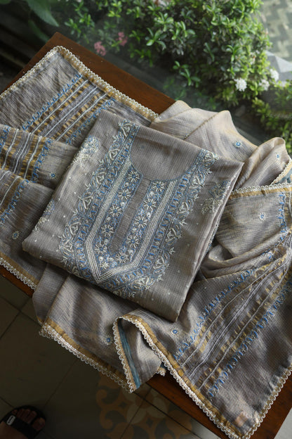 Cloudy Grey Shade Tissue Silk Kota Chikankari Unstitched Fabric