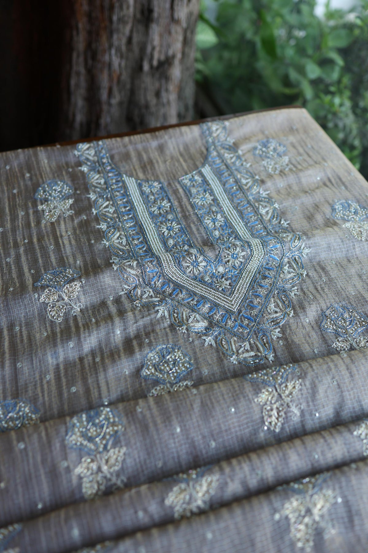 Cloudy Grey Shade Tissue Silk Kota Chikankari Unstitched Fabric