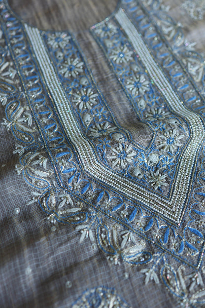Cloudy Grey Shade Tissue Silk Kota Chikankari Unstitched Fabric