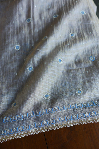 Cloudy Grey Shade Tissue Silk Kota Chikankari Unstitched Fabric