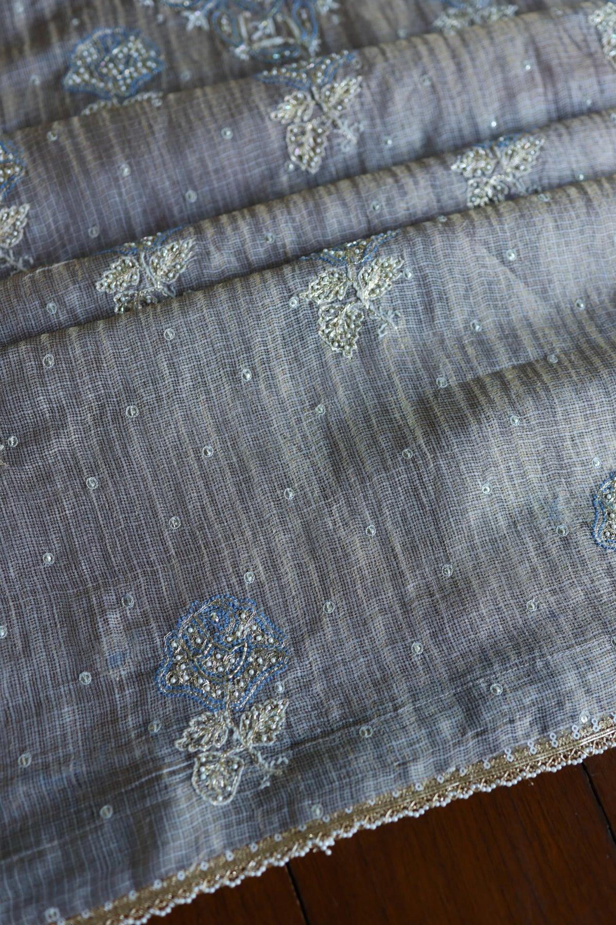 Cloudy Grey Shade Tissue Silk Kota Chikankari Unstitched Fabric