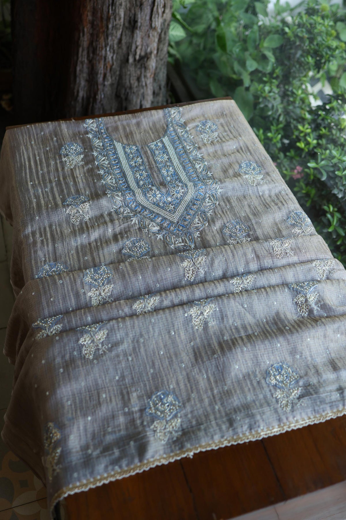 Cloudy Grey Shade Tissue Silk Kota Chikankari Unstitched Fabric