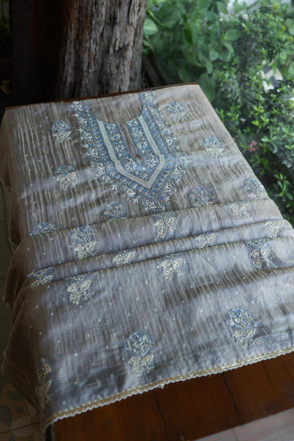 Cloudy Grey Shade Tissue Silk Kota Chikankari Unstitched Fabric