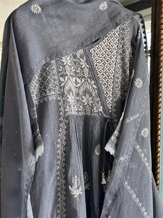 Cloudy Grey Tissue Silk Chikankari Angarkha