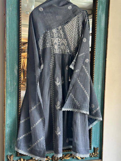 Cloudy Grey Tissue Silk Chikankari Angarkha