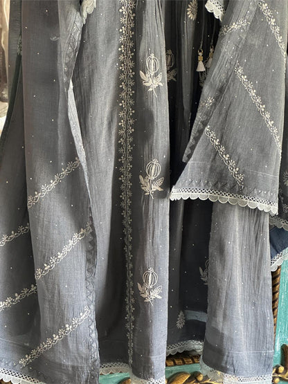 Cloudy Grey Tissue Silk Chikankari Angarkha