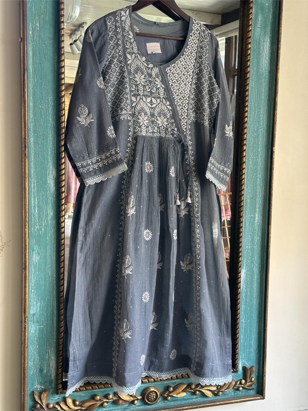 Cloudy Grey Tissue Silk Chikankari Angarkha