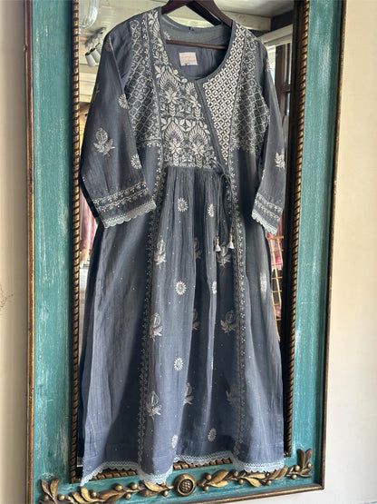 Cloudy Grey Tissue Silk Chikankari Angarkha