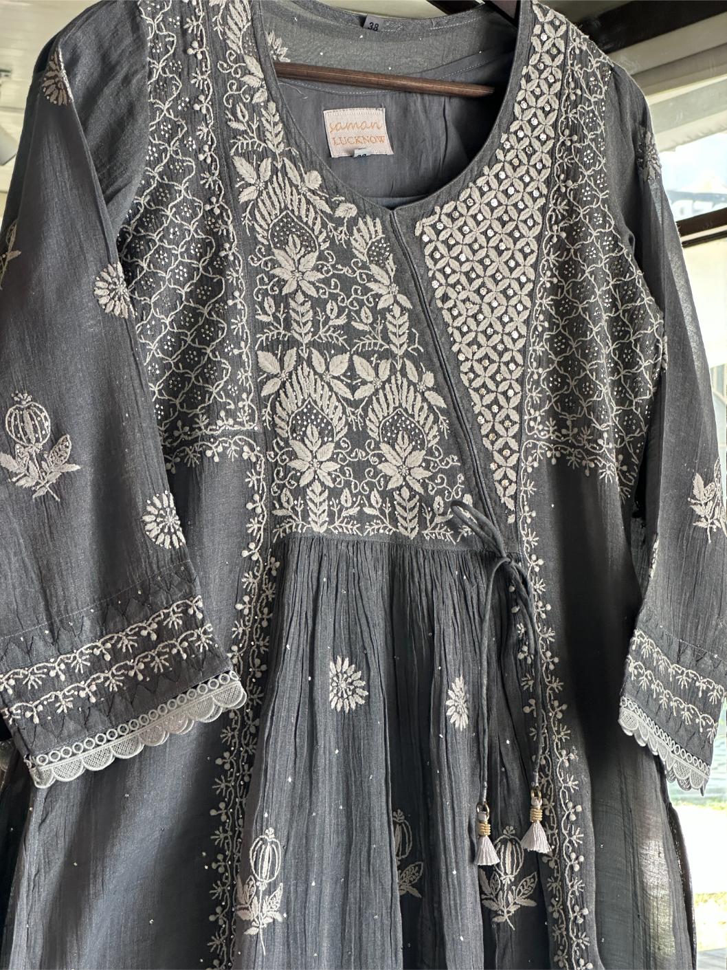 Cloudy Grey Tissue Silk Chikankari Angarkha