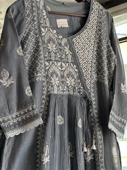 Cloudy Grey Tissue Silk Chikankari Angarkha