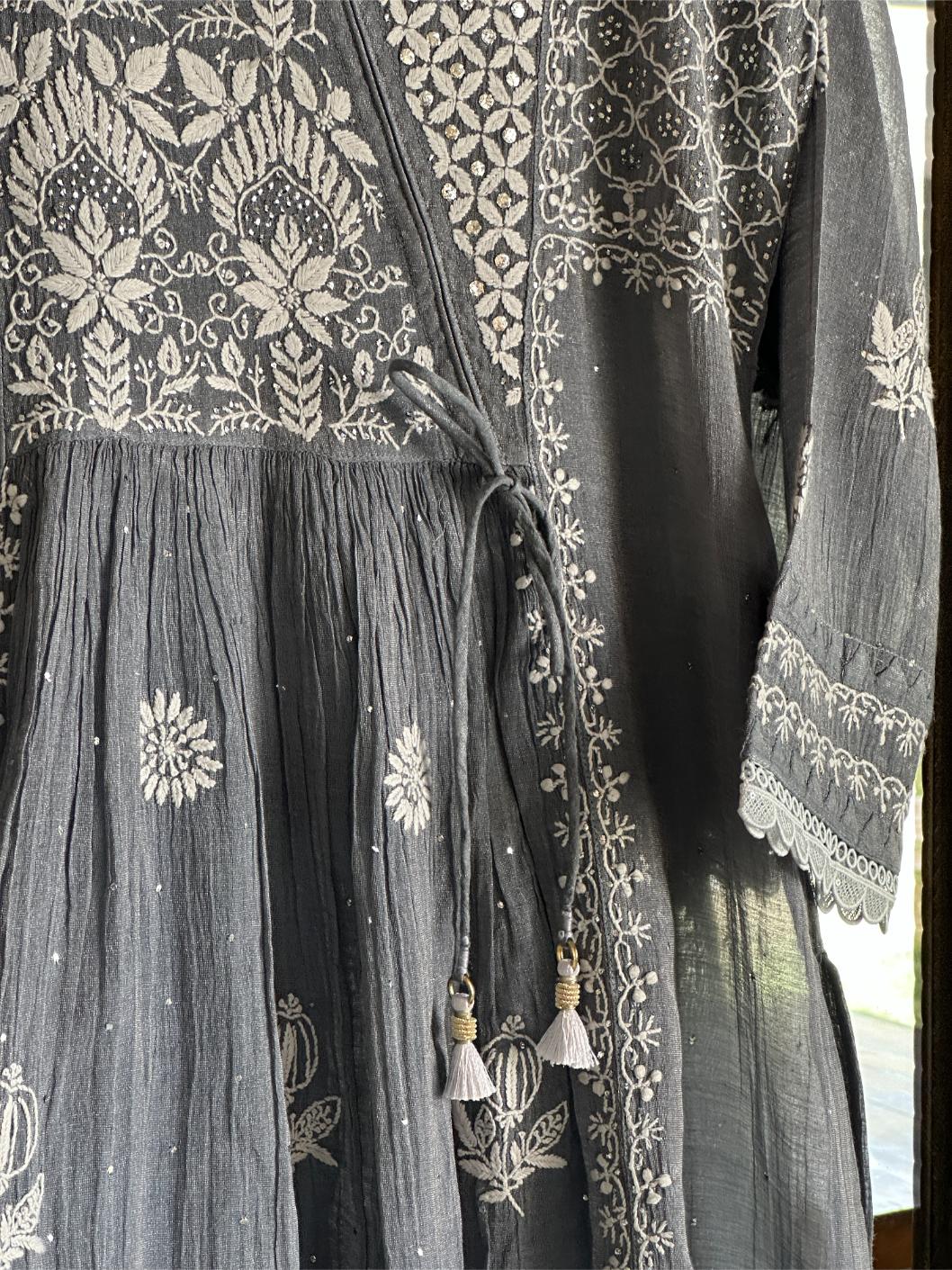 Cloudy Grey Tissue Silk Chikankari Angarkha