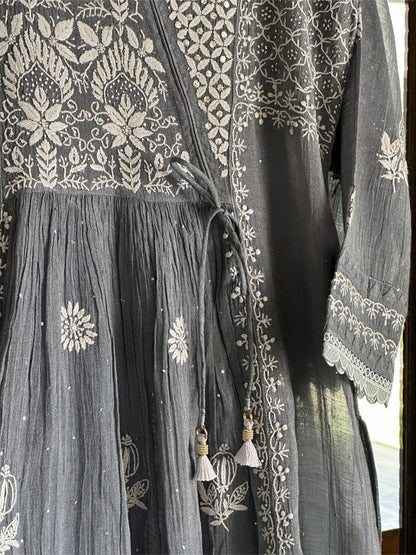 Cloudy Grey Tissue Silk Chikankari Angarkha