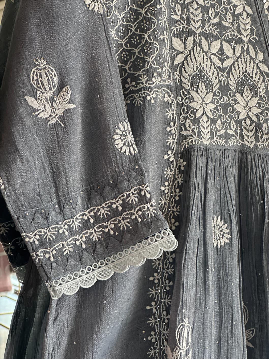 Cloudy Grey Tissue Silk Chikankari Angarkha