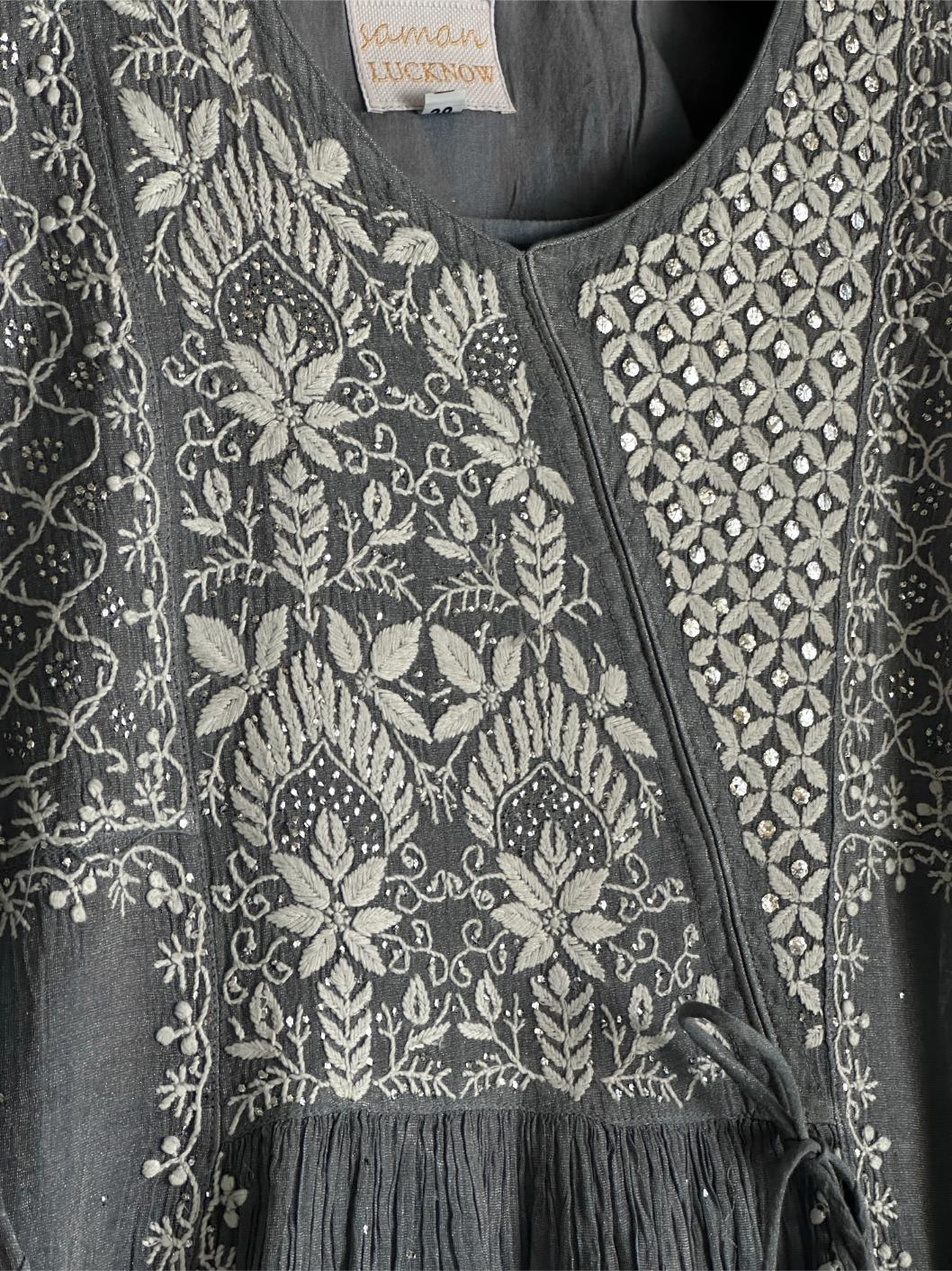 Cloudy Grey Tissue Silk Chikankari Angarkha