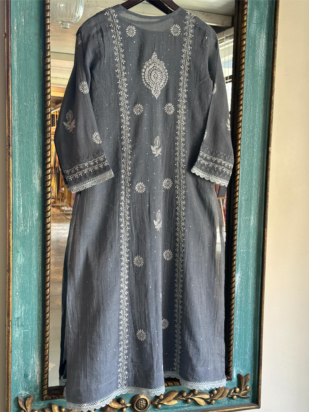 Cloudy Grey Tissue Silk Chikankari Angarkha