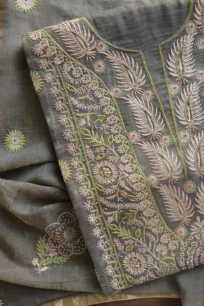 Cloudy Grey Tissue Silk Chikankari Unstitched Fabric