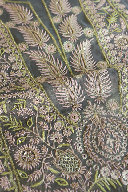 Cloudy Grey Tissue Silk Chikankari Unstitched Fabric