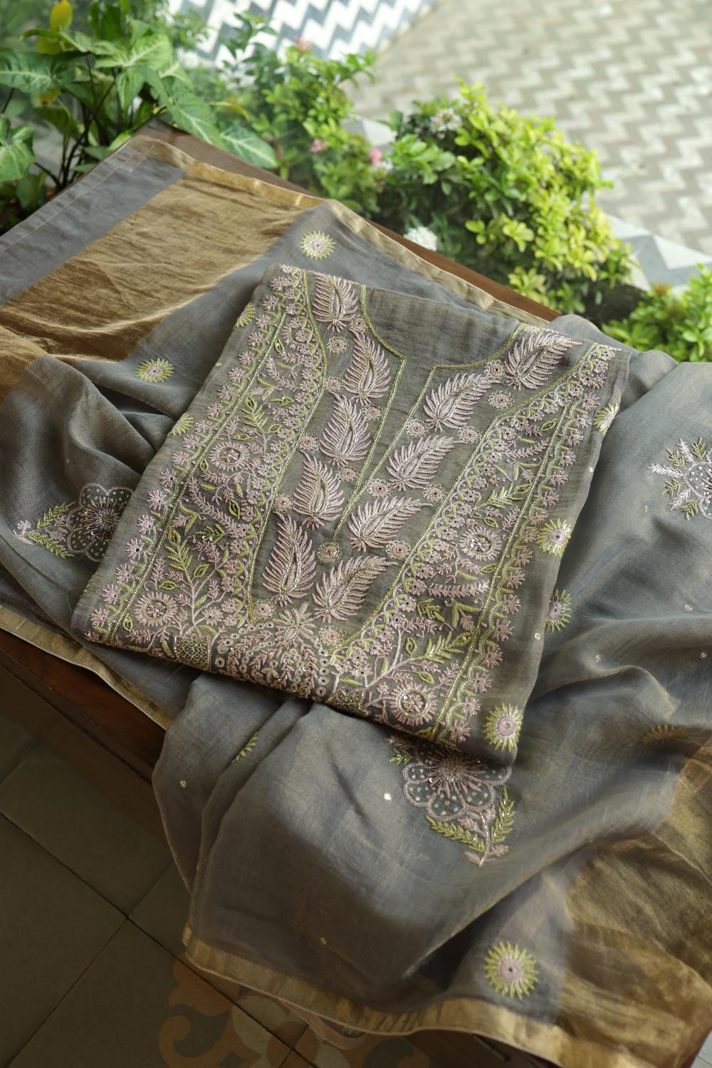 Cloudy Grey Tissue Silk Chikankari Unstitched Fabric