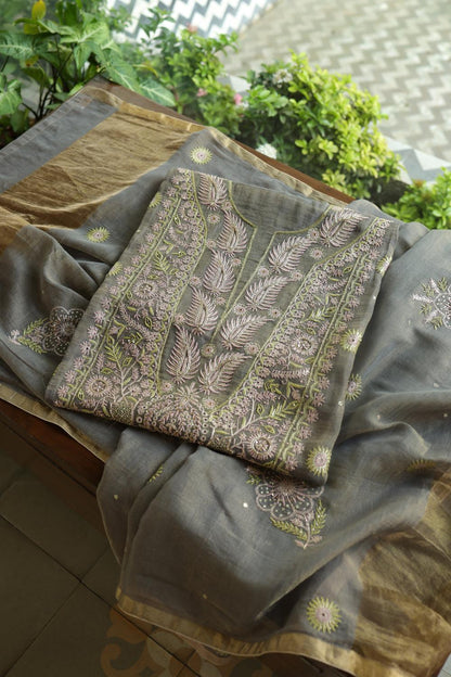 Cloudy Grey Tissue Silk Chikankari Unstitched Fabric