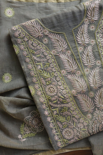 Cloudy Grey Tissue Silk Chikankari Unstitched Fabric