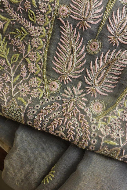 Cloudy Grey Tissue Silk Chikankari Unstitched Fabric