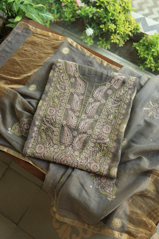 Cloudy Grey Tissue Silk Chikankari Unstitched Fabric