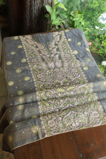 Cloudy Grey Tissue Silk Chikankari Unstitched Fabric