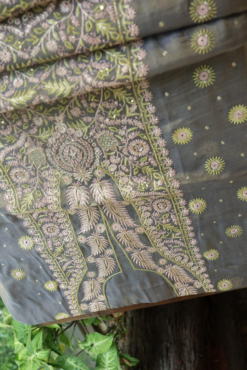 Cloudy Grey Tissue Silk Chikankari Unstitched Fabric