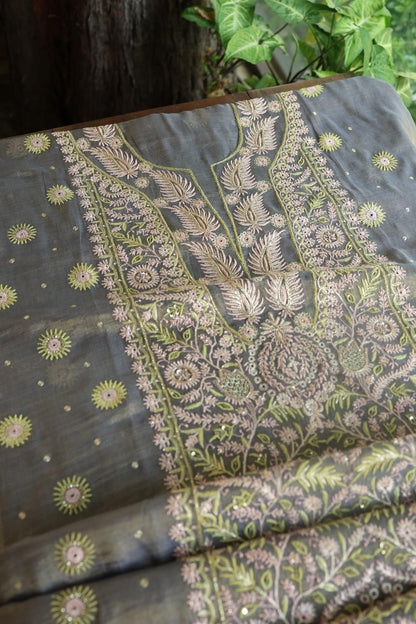 Cloudy Grey Tissue Silk Chikankari Unstitched Fabric