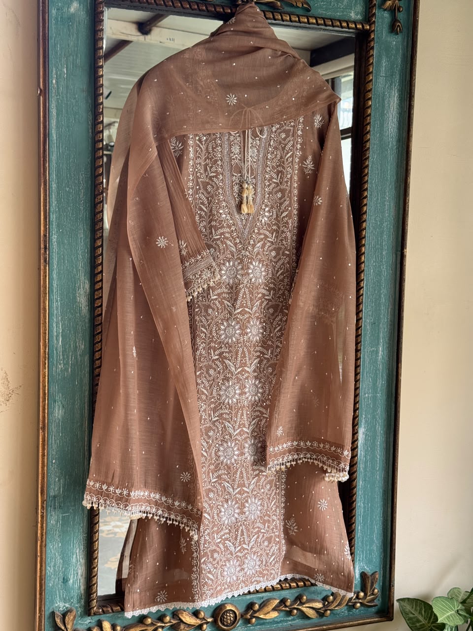 Cocoa Brown Malmal Pearl White Chikankari Ready to Wear Kurta Set