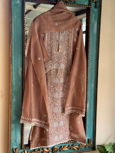 Cocoa Brown Malmal Pearl White Chikankari Ready to Wear Kurta Set