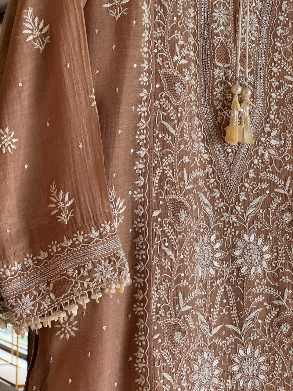 Cocoa Brown Malmal Pearl White Chikankari Ready to Wear Kurta Set