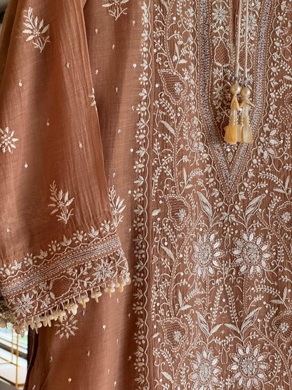 Cocoa Brown Malmal Pearl White Chikankari Ready to Wear Kurta Set