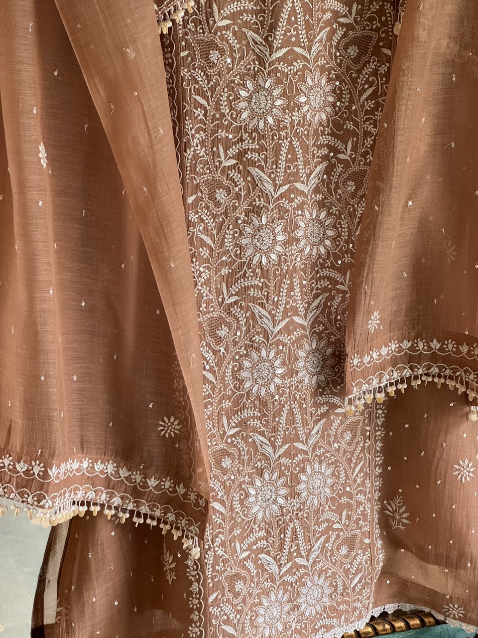 Cocoa Brown Malmal Pearl White Chikankari Ready to Wear Kurta Set