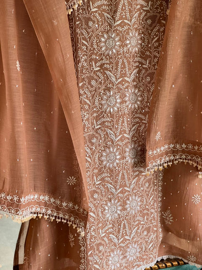 Cocoa Brown Malmal Pearl White Chikankari Ready to Wear Kurta Set