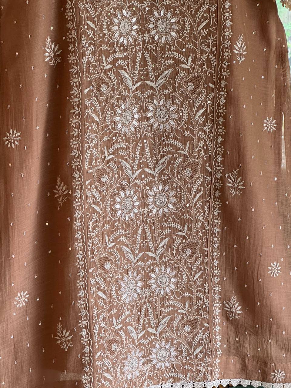 Cocoa Brown Malmal Pearl White Chikankari Ready to Wear Kurta Set
