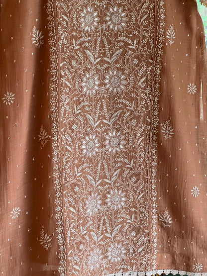 Cocoa Brown Malmal Pearl White Chikankari Ready to Wear Kurta Set