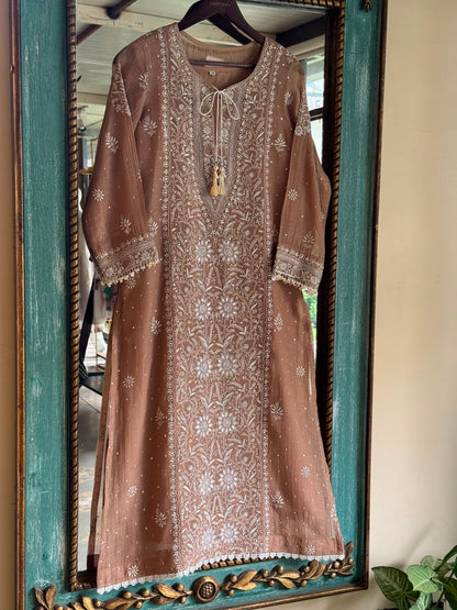 Cocoa Brown Malmal Pearl White Chikankari Ready to Wear Kurta Set