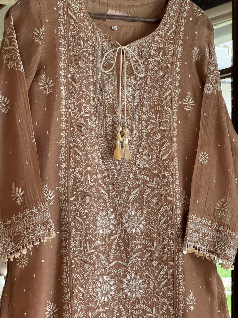 Cocoa Brown Malmal Pearl White Chikankari Ready to Wear Kurta Set