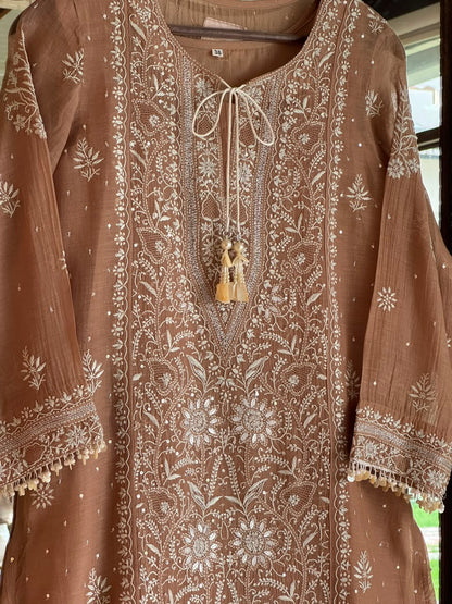 Cocoa Brown Malmal Pearl White Chikankari Ready to Wear Kurta Set